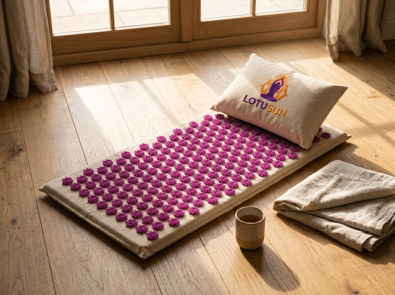 The LotuSun mat and pillow unrolled and ready on a striped runner on grass